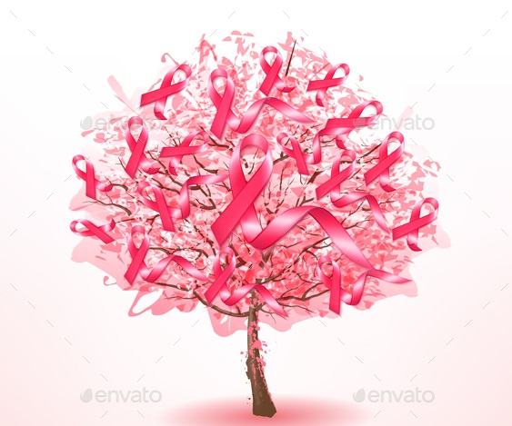 Breast cancer awareness ribbons on a sakura tree. Vector.