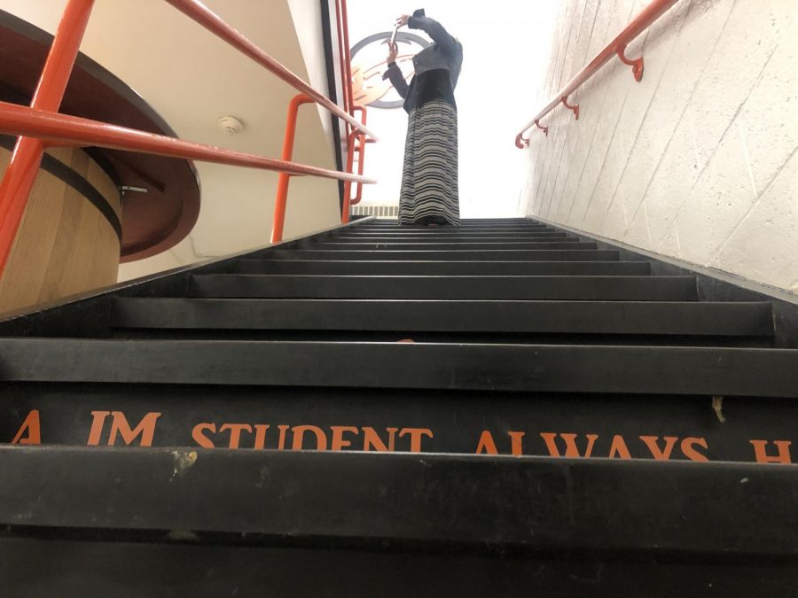  A lining lined  of the high school stairs lining up to Mrs huba