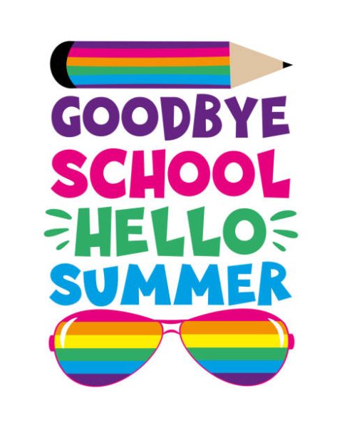 Goodbye School Hello Summer - saying with pencil graphic and sunglasses. Good for T shirt print, poster, card, label, and other decoration.